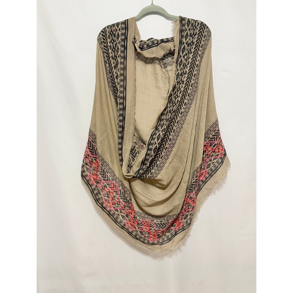 Tan Tribal Geometric Infinity Scarf Pink Embroidery Eyelash Fringe